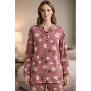 Kay Anna Pajama Top Nightshirt Cups Hearts Print Sleepwear Flannel Cotton Size M